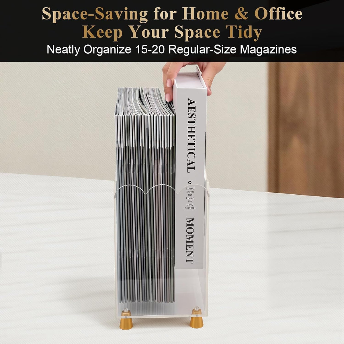 Acrylic Magazine Holder,Magazine Rack Floor,Crystal Clear Stylish Organizer with Luxe Gold Metal Feet and Wave Edge Design Space Saving Storage for Books Newspapers Office Supplies,Home Office