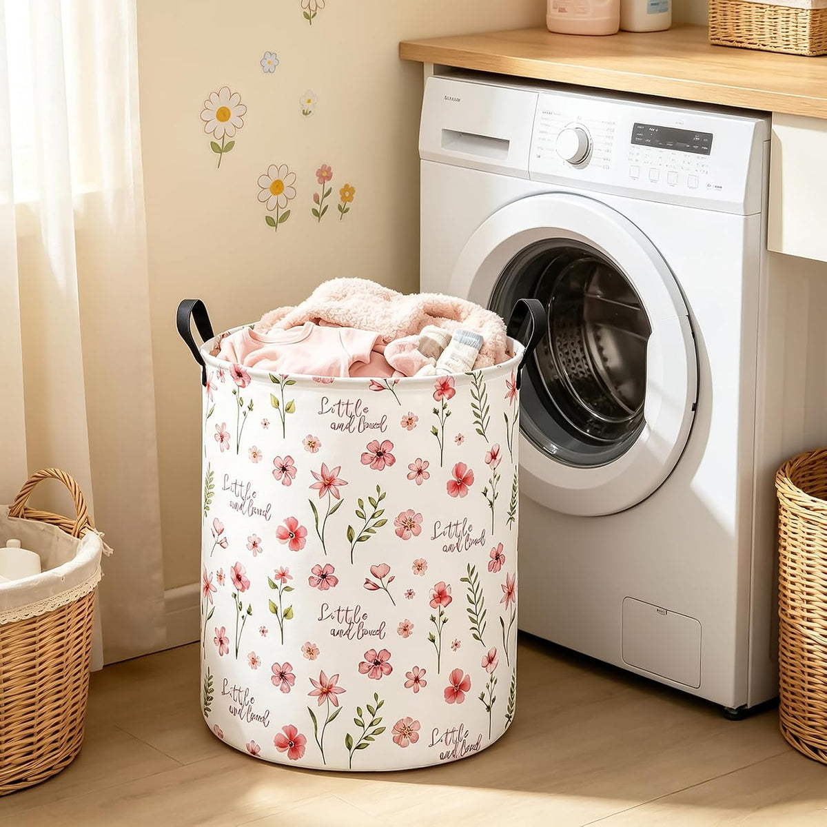 Round Laundry Hamper Large Canvas Fabric Storage Basket Pink Floral