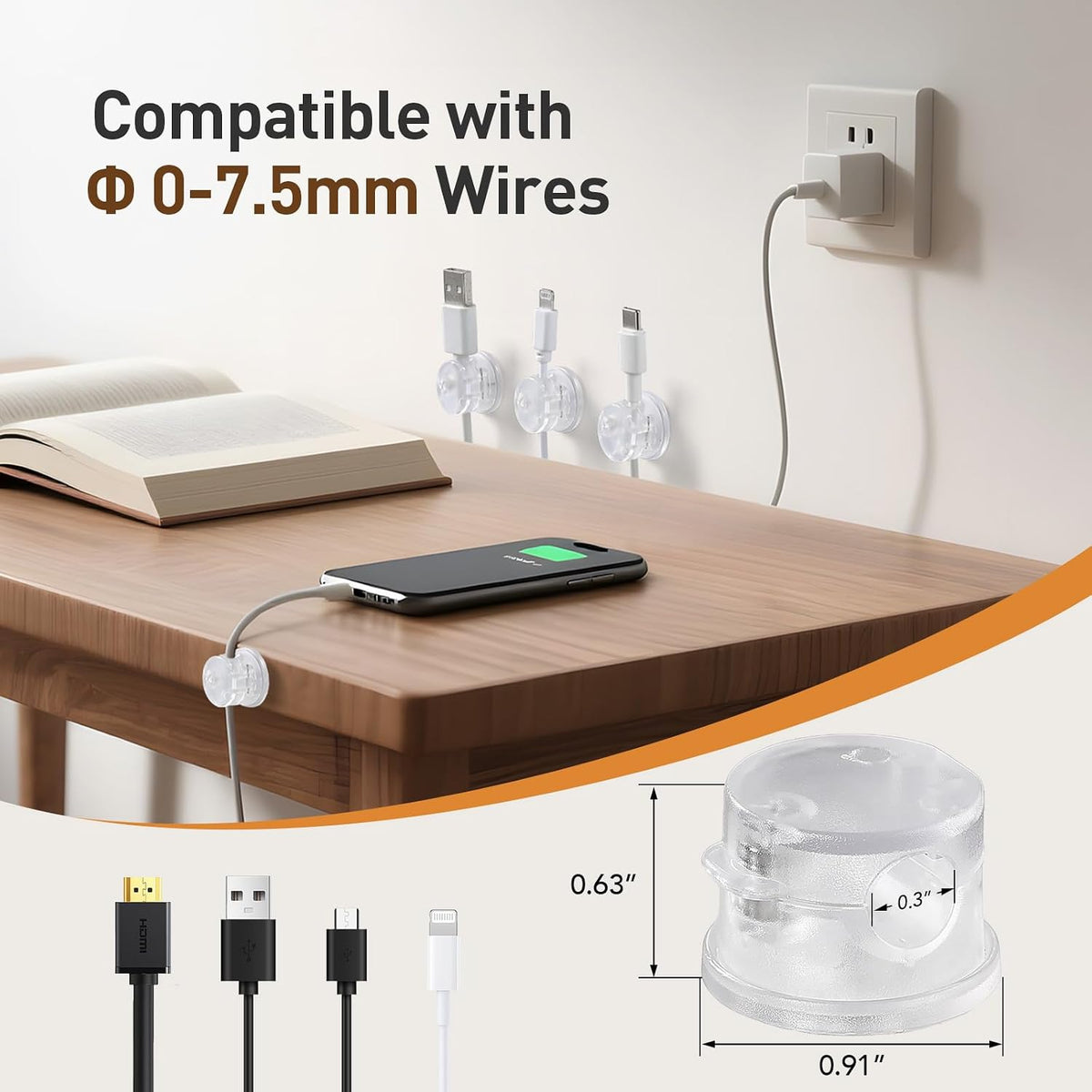 AGPTEK 8 Pack Magnetic Cable Clips, 360° Rotatable Cord Holder, Clear