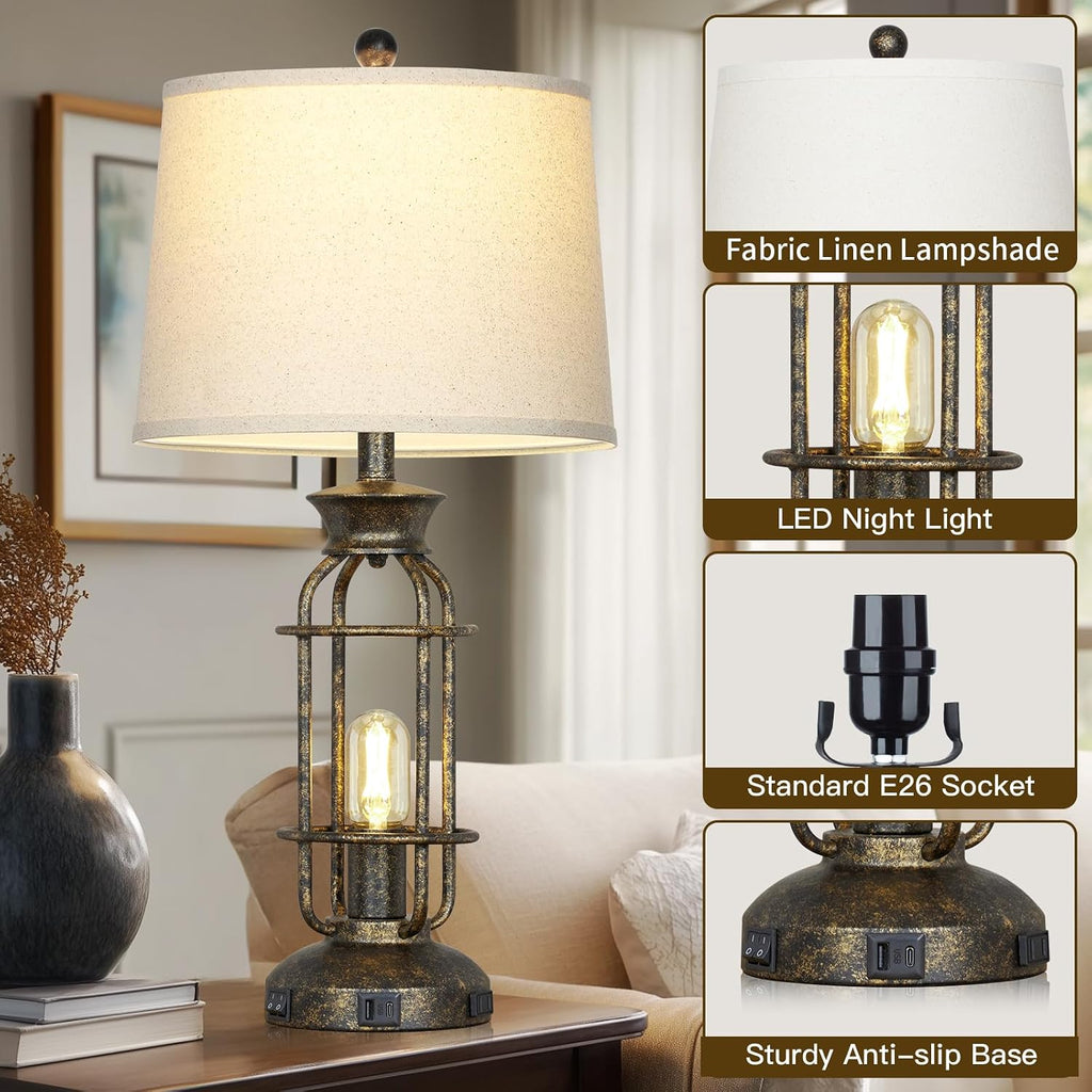 28" Tall Farmhouse Table Lamp with USB C+A Charging Ports & AC Outlet, Rustic Industrial Bedside Lamp for Living Room, Vintage Nightstand Lamp for Bedroom End Table Bronze Single, 2 Bulbs Included