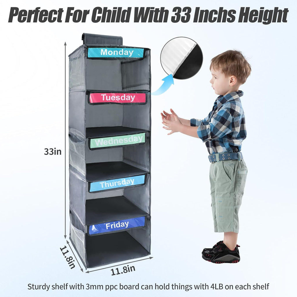 Weekly Clothes Organizer for Kids,Day of The Week Clothes Organizer,5-Shelf Hanging Closet Shelves,School Cloth Organizer Day of Week,Dorm Room Essential Daily Shelf Hanging Closet Organizer