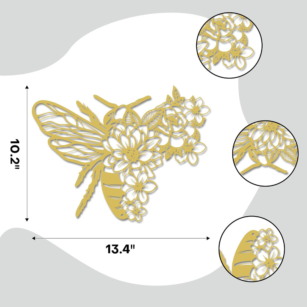 Rajukit Bohemian Bee Flower Metal Wall Art Gold for Living Room