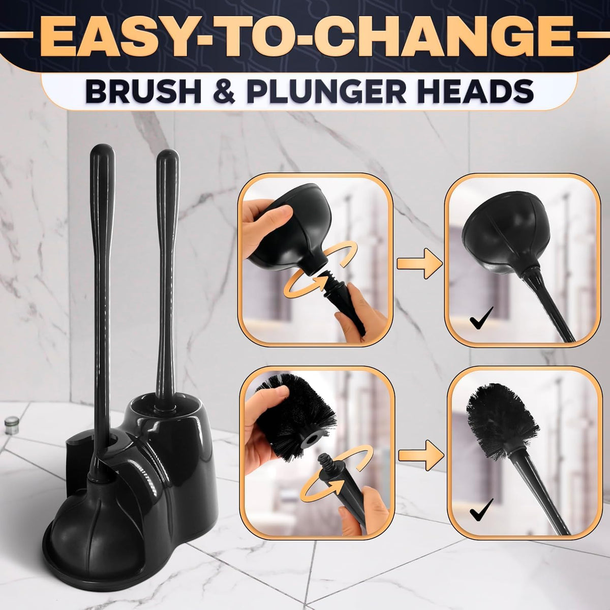 2-in-1 Black Toilet Brush and Plunger Set with Holder, 6.4×5.5×17.1 in