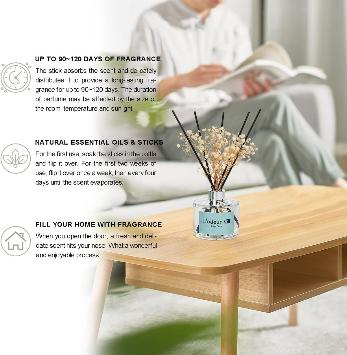 L'odeur Vill Reed Diffuser Set, 6.7 oz(200ml) Bright Citrus Scented Diffuser with 6 Oil Diffuser Sticks, Home Fragrance Essential Oil Reed Diffuser for Home Large Rooms Bathroom Shelf Decor