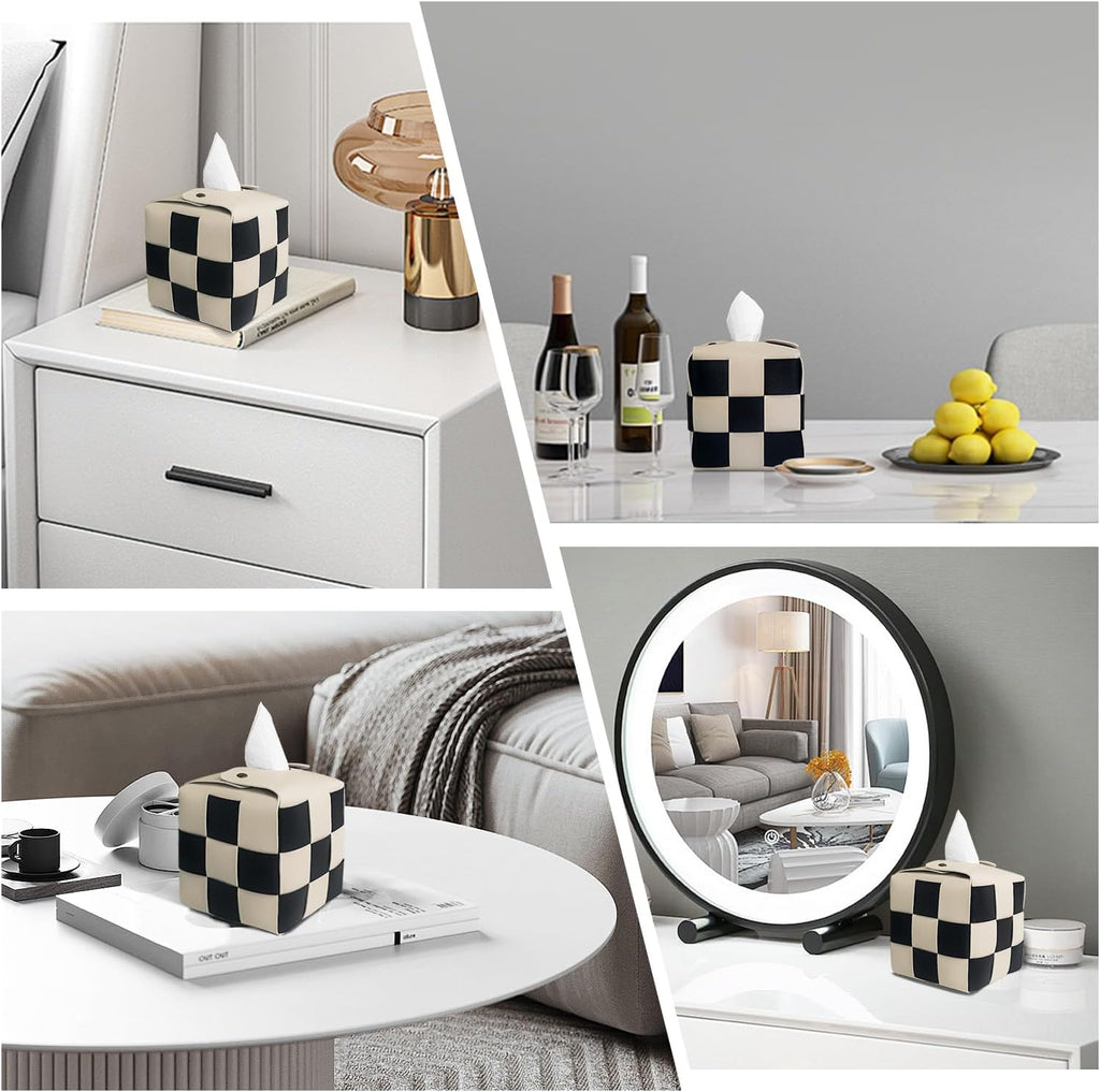 MSJGA Tissue Box Cover, Square PU Leather Tissue Box Holder with Metal Buckle, Checkered Tissue Box, Decorative Organizer for Bedroom, Vanity Desk, Nightstand, Bathroom, Office (Beige)
