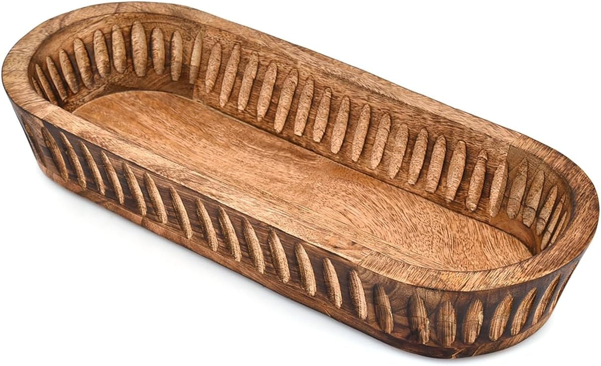 Kaizen Casa Decorative Mango Wood Bowl – Hand-Carved Wooden Centerpiece with Burned Finish for Entry Table, Coffee Table, Kitchen & Dining Room | Rustic Farmhouse Décor (14" X 6" X 2")