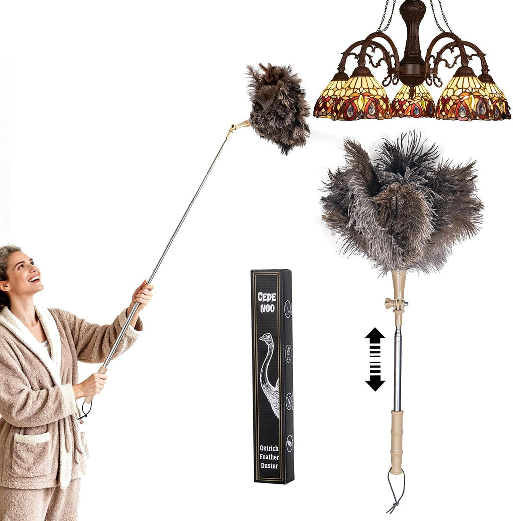 Extendable Ostrich Feather Duster, Natural Ostrich Feathers Long Handle Duster for Cleaning, 47” Soft & Fluffy Feather Duster for High Ceilings, Fans, Walls, Furniture, Home Dusting(A11-Ivory)