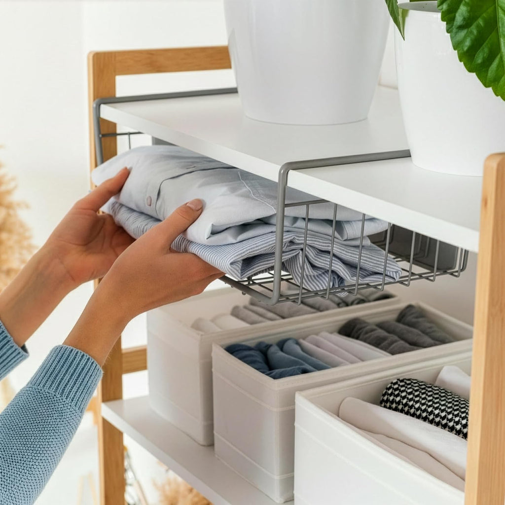 DecorRack Under Shelf Wire Baskets, Space-Saving Organizer, Silver (2 Pack)