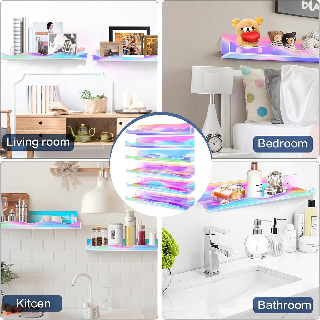 DILIBRA 6 Packs Iridescent Clear Acrylic Floating Shelves, 15.7 Inch Large