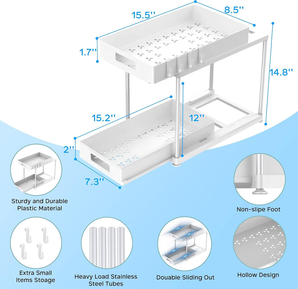 2 Pack Under Sink Organizer with Double Pull-Out Drawer, White