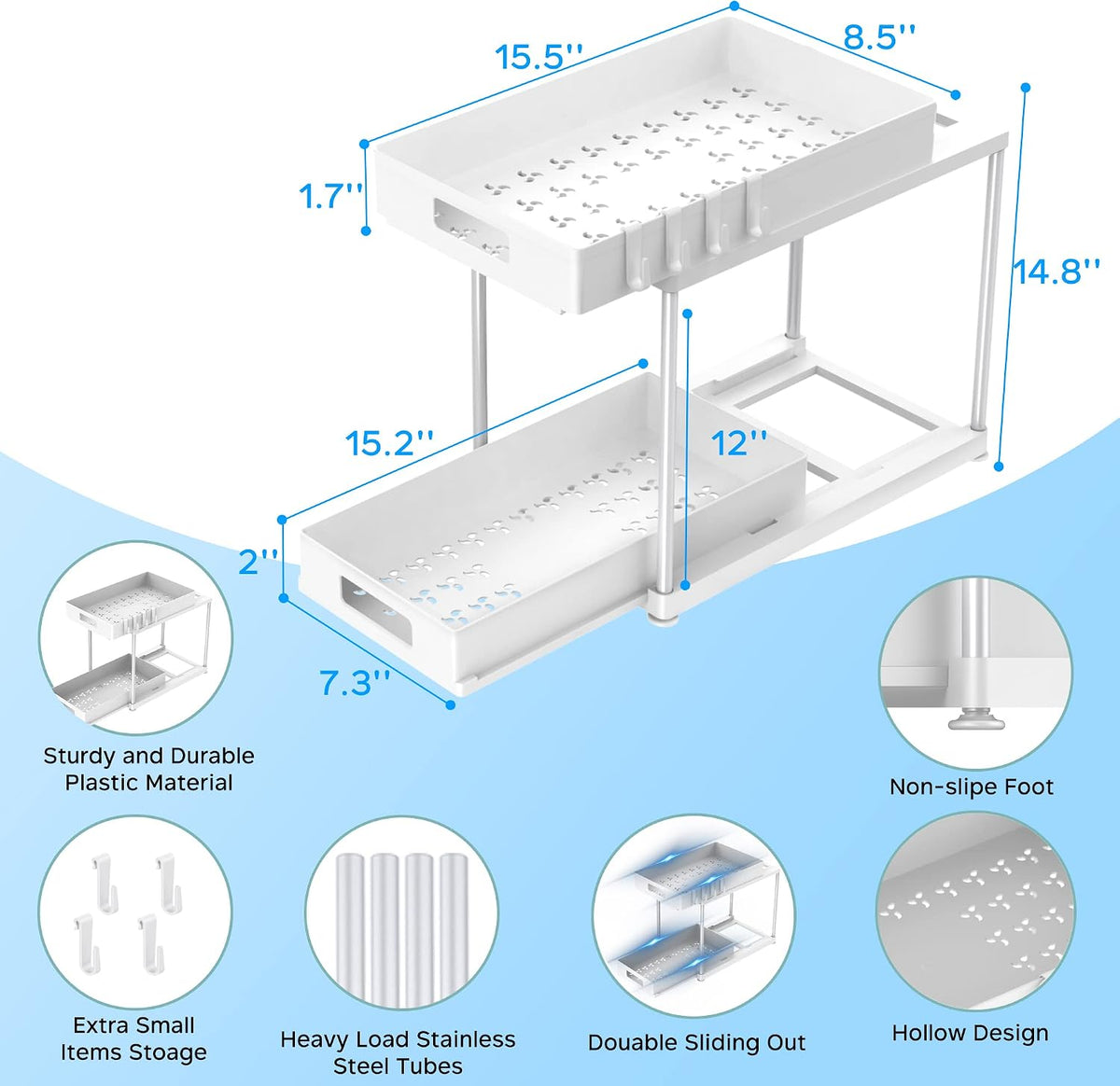 2 Pack Under Sink Organizer with Double Pull-Out Drawer, White