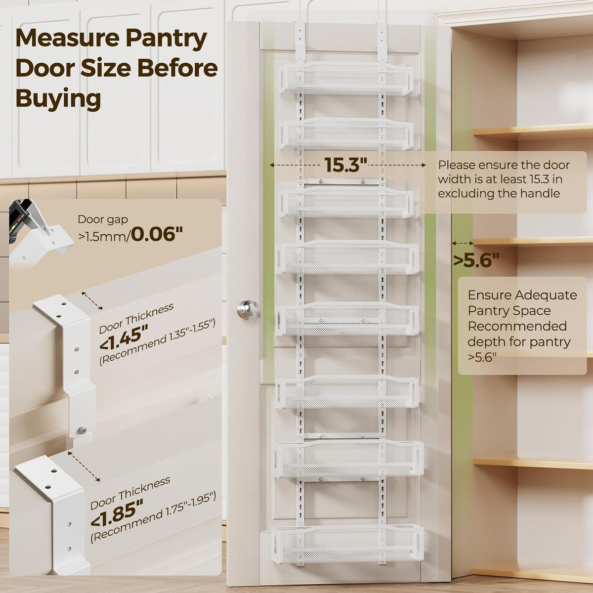 Delamu 8 Tier Over the Door Pantry Organizer, 2in1 Hanging or Wall Mount Spice Rack Seasoning, Adjustable Heavy-Duty Pantry Door Organizer and Storage for Kitchen Cabinet and Bathroom, 15.3" White