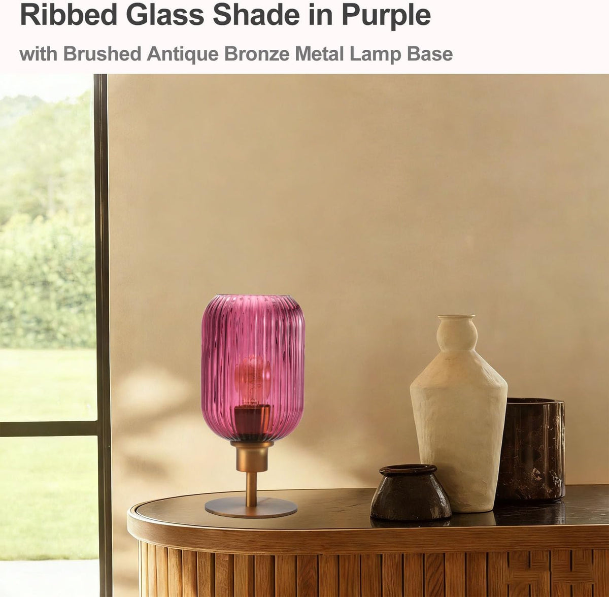 Mid Century Glass Table Lamp, Timer Build-In, Dimmable Desk Lamp, Purple