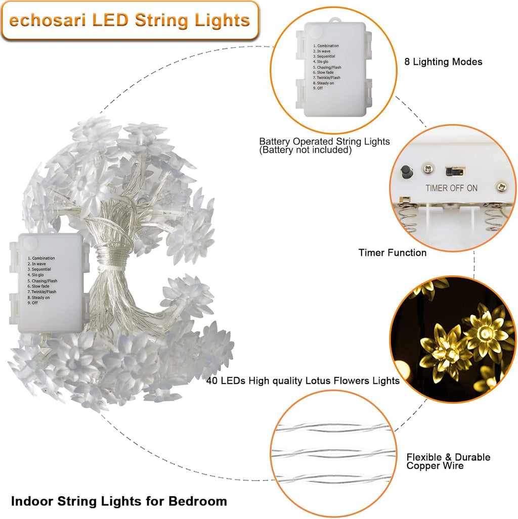 echosari Flower String Lights Battery Operated 158" Lotus Flower Warm White