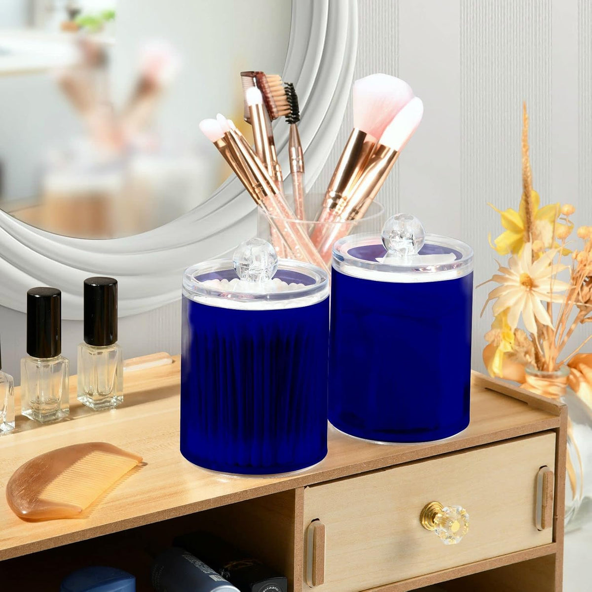 Navy Blue Qtip Dispenser Apothecary Jars Bathroom Qtip Holder Storage Canister 10 Oz Plastic Jar for Cotton Ball Swab Round Pads Floss 2pcs
