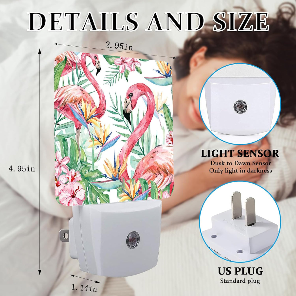 Summer Flamingo Night Light, Plug-into Wall Palm Tree Tropical Flower Nightlight Lamp with Dusk to Dawn Sensor, Led Lamp 0.5W Energy Efficient for Boys Girls Adults Home Decor