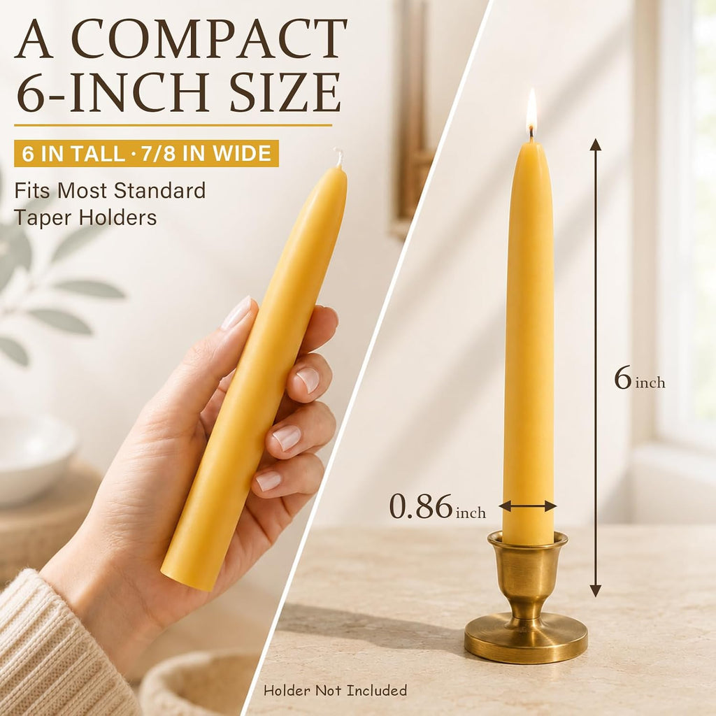 6 Inch Pure Beeswax Taper Candles 10 Pack, 6-Hour Burn