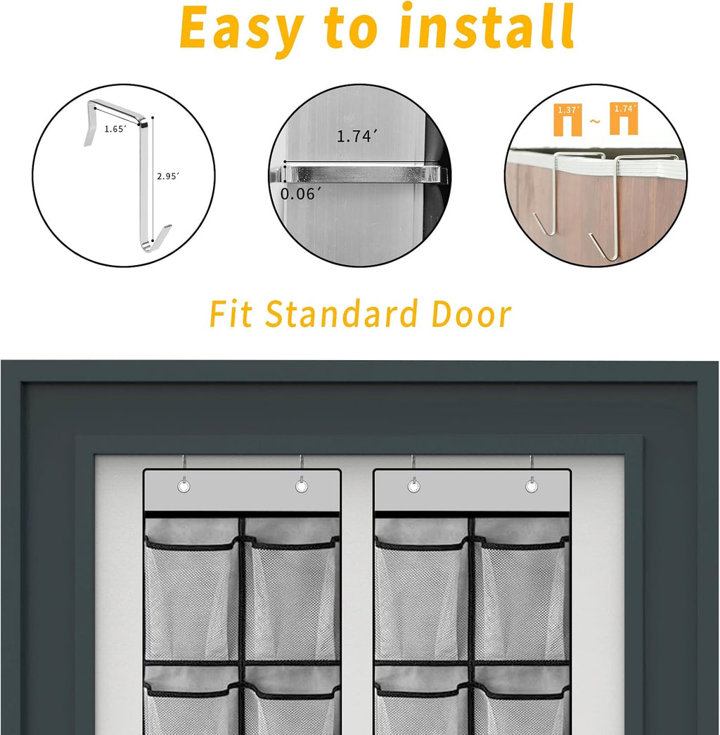 MSLOVE Narrow Over The Door Shoe Organizer, 12 Large Mesh Pockets Hanging Shoe Organizer for Closet Organizers and Storage, Grey, 2 Pack