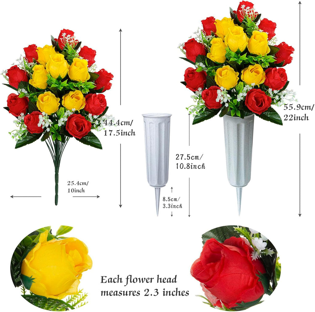 Set of 2 Artificial Cemetery Flowers with Vase, Artificial Grave Flowers Outdoor Memorial Rose Bouquets for Cemetery Headstone Graveyard Decor (Red Yellow)
