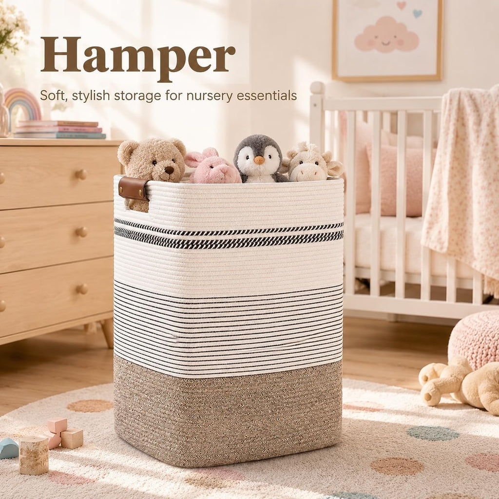 Laundry Hamper, Cotton Rope Laundry Basket with Leather Handles, 22.5-Gallon/85 L Large Clothes Hampers for Laundry, Woven Laundry Baskets for Blankets, Clothing, Bedroom, Living Room, Nursery