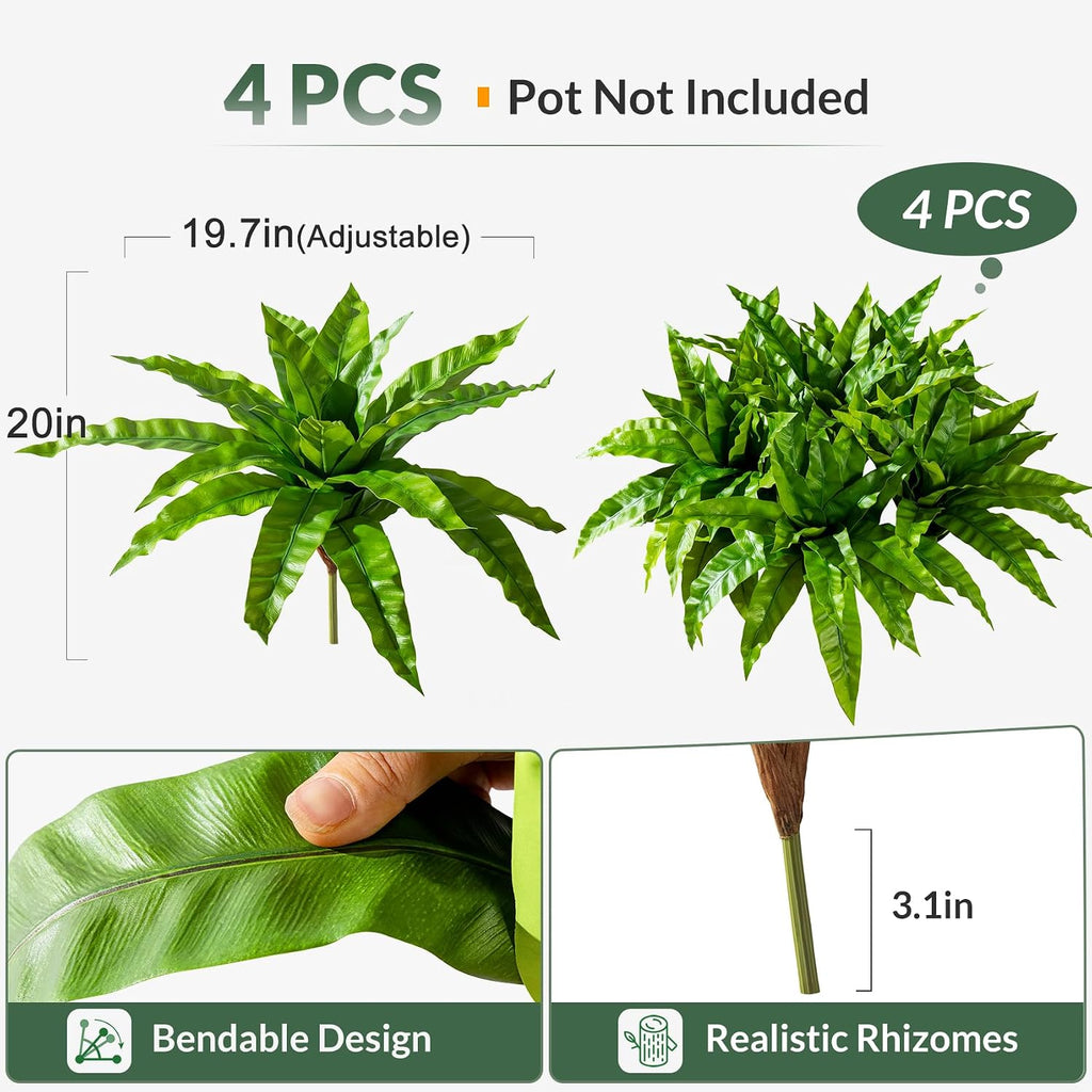 4 Pcs Artificial Greenery Stems Fake Bird Nest Fern Faux Branches Artificial Plants Realistic Fake Dracaena Realistic Plants for Indoor Outdoor Porch Patio Home Office Living Room Decor (Bright Green)