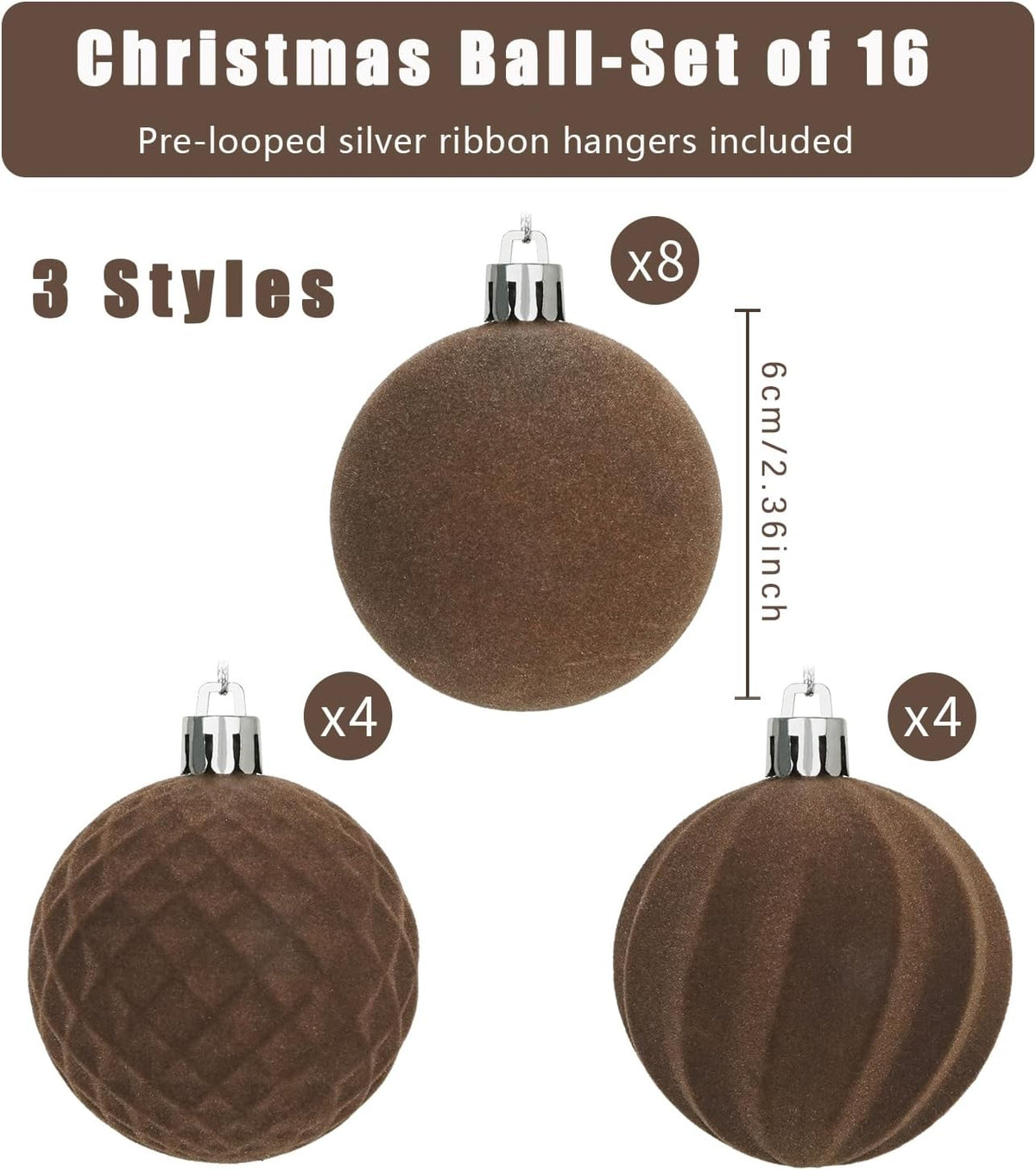 Artmag 16 Pcs Velvet Christmas Balls Hanging Ornaments Set, Shatterproof Plastic Flocked Christmas Tree Balls Xmas Decorations Festival Holiday Party Decor (Brown,2.36 Inch)