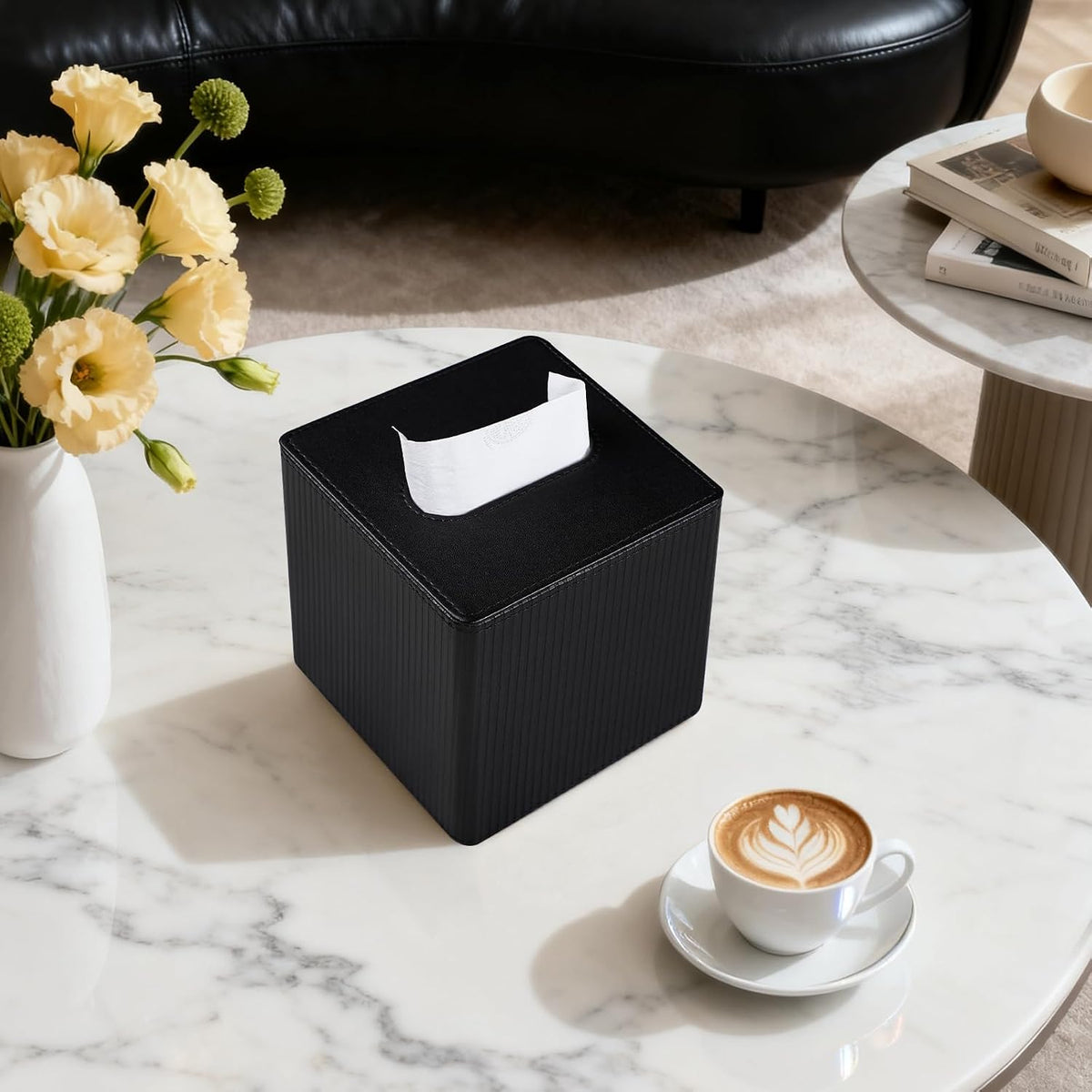 PU Leather Square Tissue Box Cover Tissue Box Holder Cube (Black)