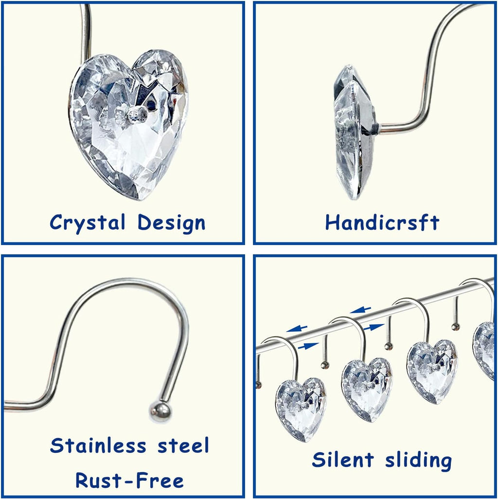 Romantic Angels 12PCS Shower Curtain Hooks Rings for Bathroom, Stainless Steel Rust Resistant Decorative Rhinestones Shower Curtain Hooks for Shower Curtains and Shower Rod (Silver Heart)