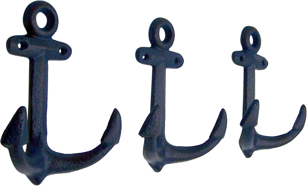 Wowser Nautical Cast Iron Ship Anchor Wall Hooks, 6 Inches, Set of 3 (Blue)