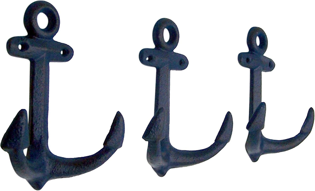 Wowser Nautical Cast Iron Ship Anchor Wall Hooks, 6 Inches, Set of 3 (Blue)