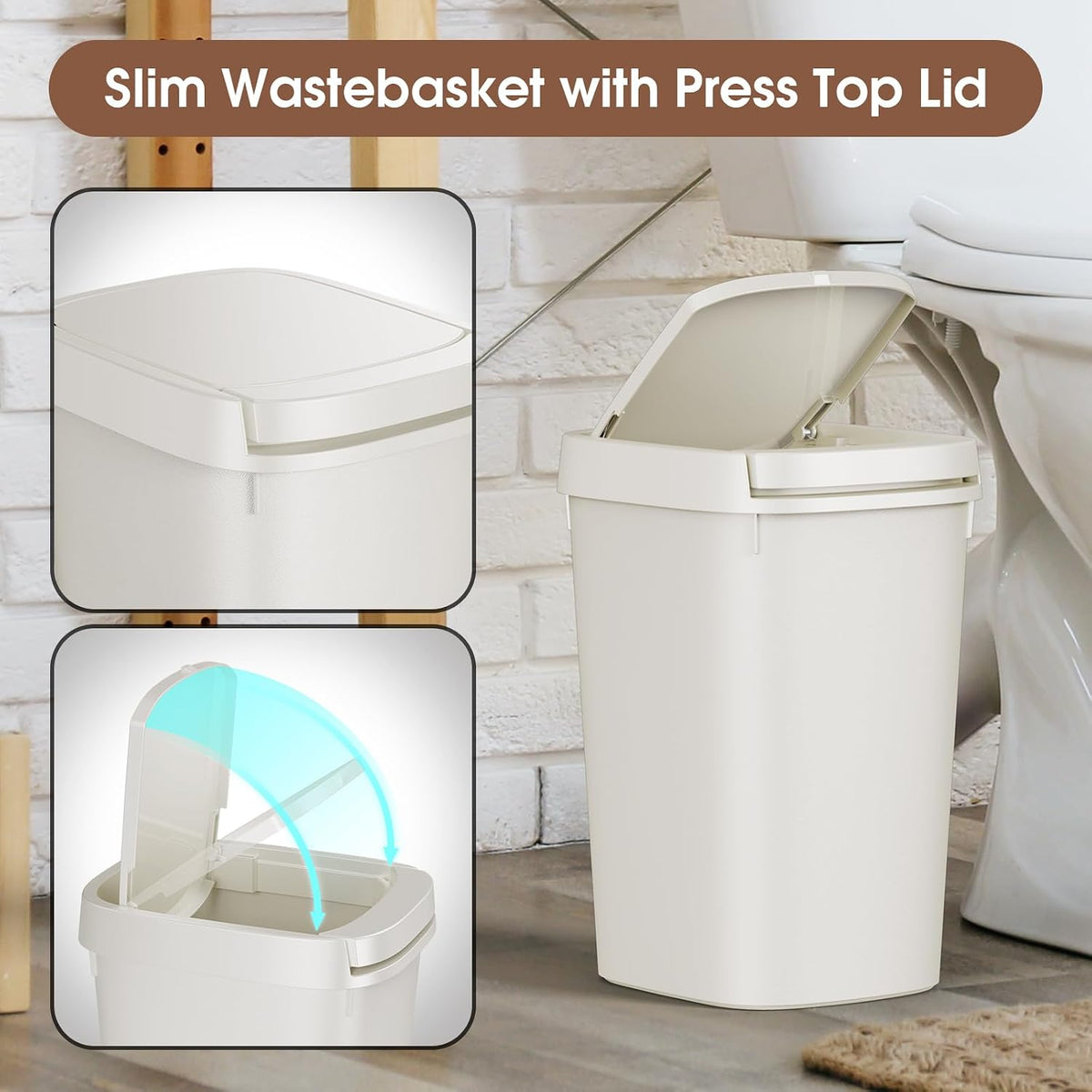 CEROELDA 3 Pack Bathroom Trash Can with Lid, 10L/2.6 Gal Small Garbage Can with Press Top Lid, Slim Plastic Waste Basket for Toilet, Office, Bedroom (White, 3 Pack)
