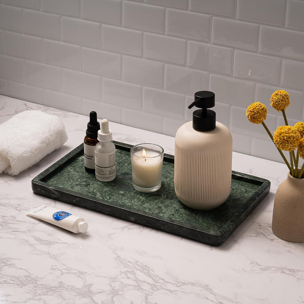 Cork & Mill Marble Tray for Bathroom Vanity, Green, Large 13 x 7.5 Inch