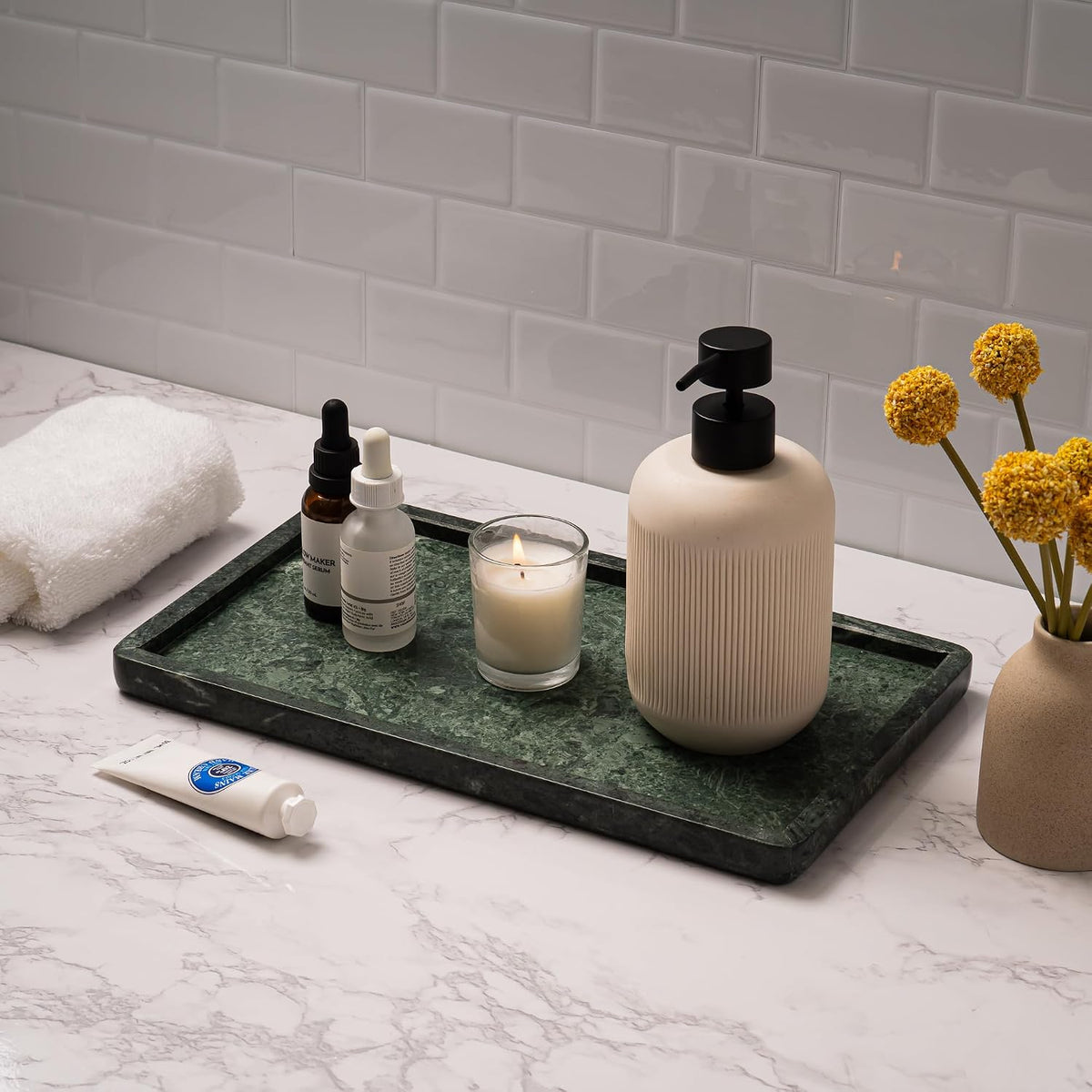 Cork & Mill Marble Tray for Bathroom Vanity, Green, Large 13 x 7.5 Inch