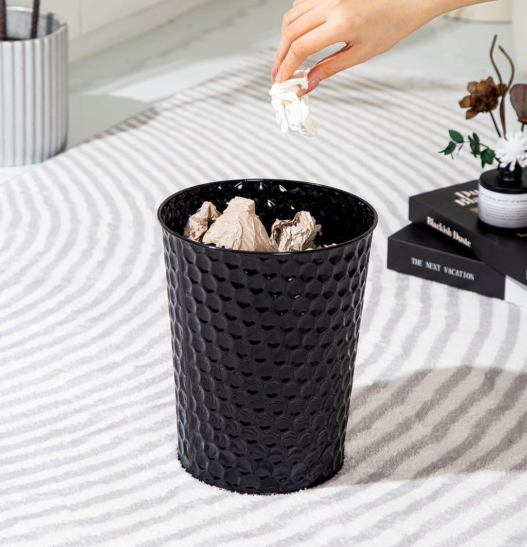 Venalys Small Metal Trash Can Wastebasket, Decorative Honeycomb Garbage Can Waste Basket, Modern Farmhouse Round Trash Bin for Bathroom, Bedroom, Kitchen and Office (Black)
