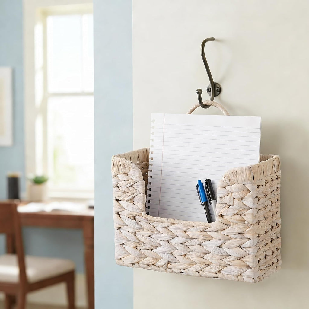 PINXIURY Magazine Holder Wall Basket Water Hyacinth Woven Mail Organizer, Wicker Wall Hanging Baskets for Magazines, Letters & Storage Decorative Mail Holder, Magazine Rack, Hanging Basket, Whitewash