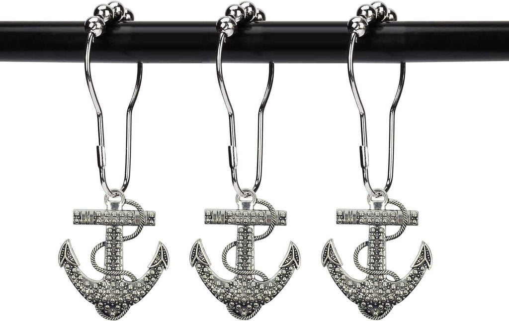 Set of 12 Anchor Shower Curtain Hooks Decorative Home Bathroom Nautical Ocean Boat Sailing Tropical Beach Island Coastal Bath Theme Style Stainless Steel Rustproof (Silver)