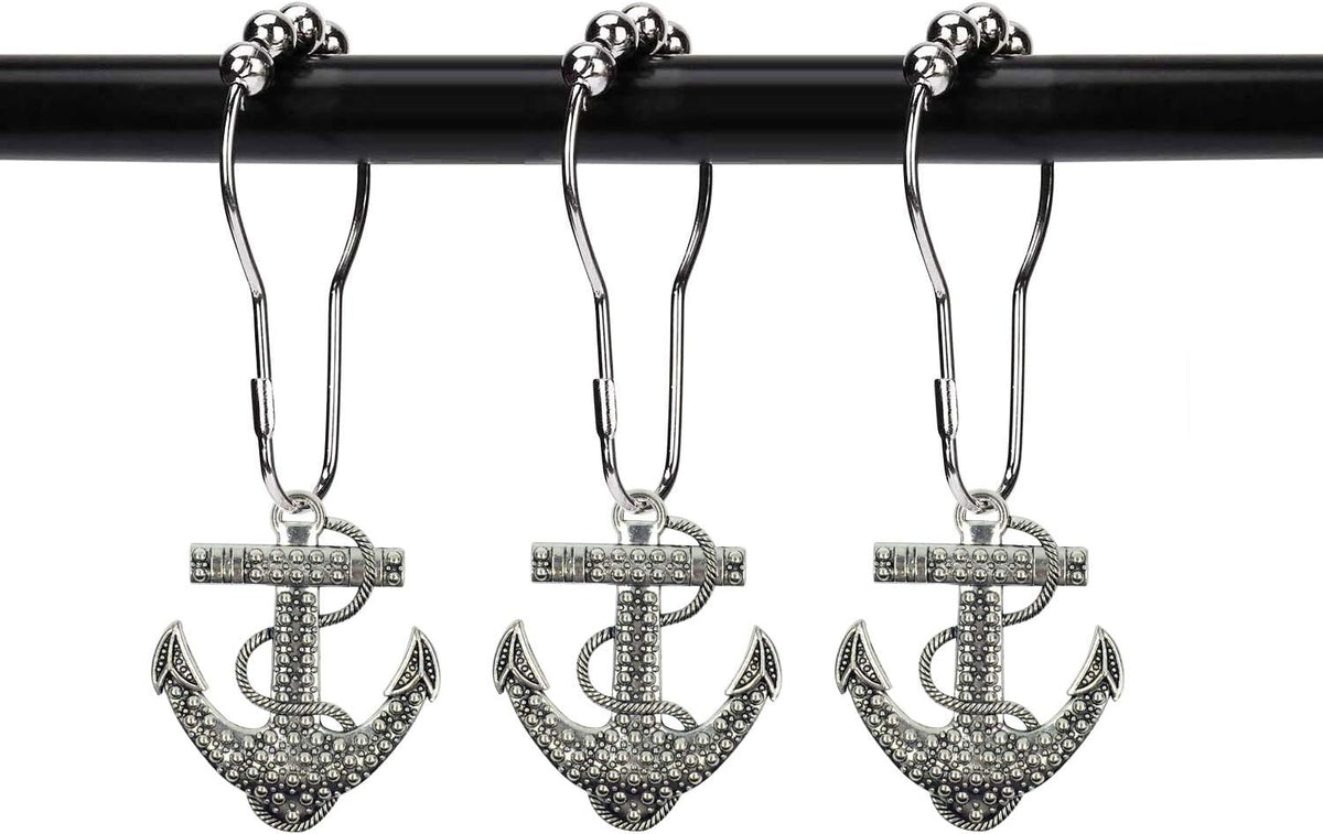 Set of 12 Anchor Shower Curtain Hooks Decorative Home Bathroom Nautical Ocean Boat Sailing Tropical Beach Island Coastal Bath Theme Style Stainless Steel Rustproof (Silver)