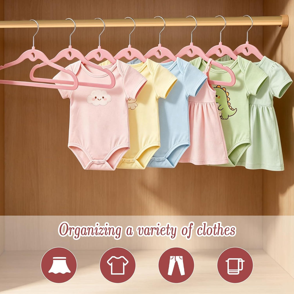 Velvet Clothes Hangers 50 Pack, 11.8" Non-Slip Flocked Garment Hangers with 30 Hanging Clips, Space Saving Small Size Clothing Hangers for Closet, Dresses, Tops, Pants,(Pink)