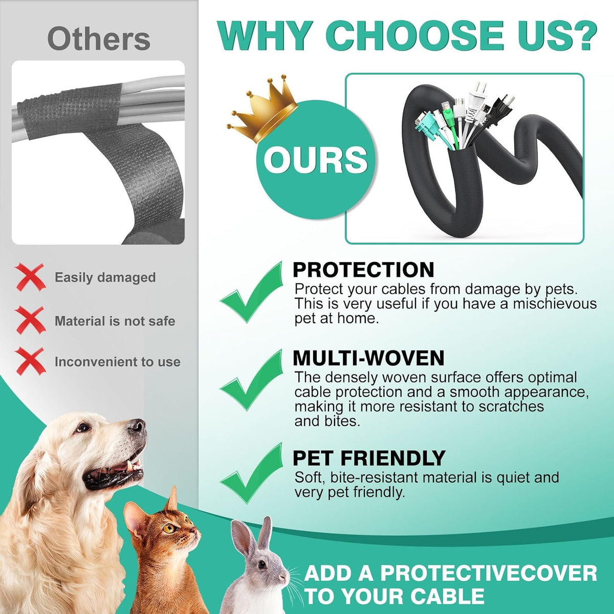 UOMTFAI Dog Cat Cord Protector 10ft - 1/2inch, Flexible Cable Sleeve for Easy Cord Management, Protects Cables from Pets Chewing, Ideal for USB, Power, Audio and Video Cords - Black