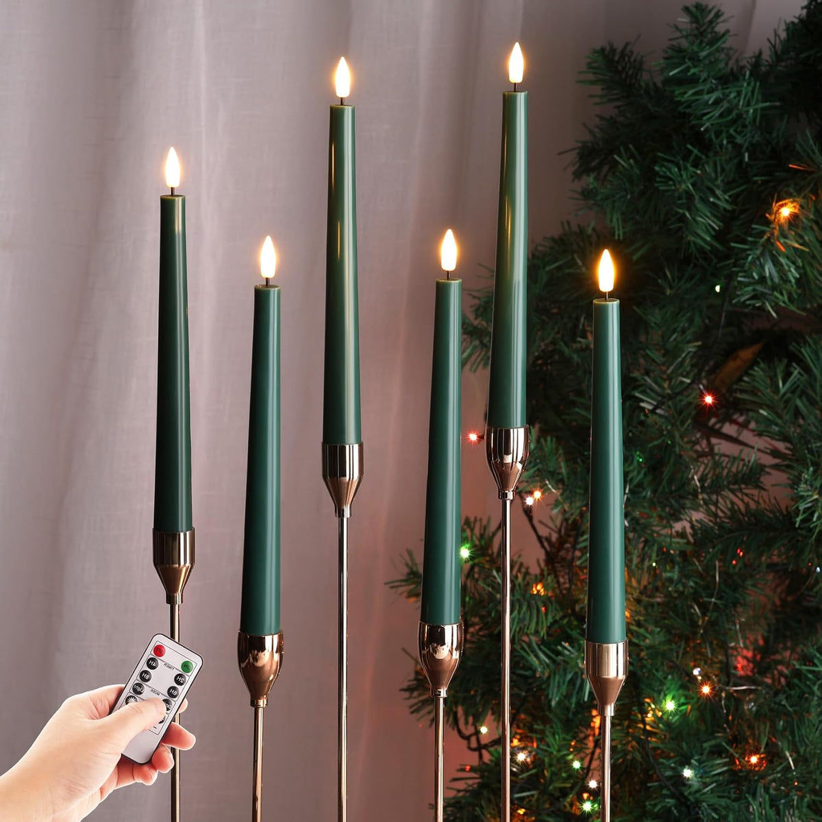Eywamage Real Wax Green Flameless Taper Candles with Remote Set of 6