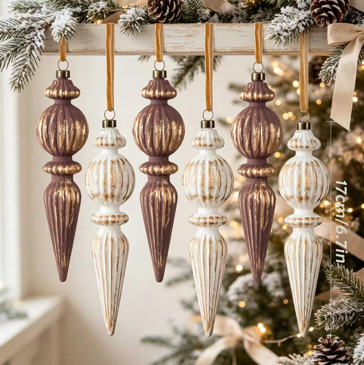 Vintage Finial Christmas Ornaments, 6Pcs Neutral Shatterproof Xmas Tree Ornaments(Classic Color)