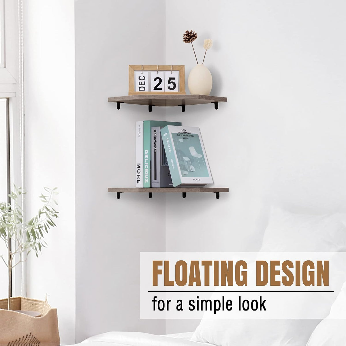 Fun Memories Corner Shelf Wall Mount, Corner Floating Shelves, Set of 4 Corner Wall Shelf Organizer, Rustic Wood Wall Storage Display Shelves for Living Room Bedroom Bathroom Kitchen, Rustic Grey