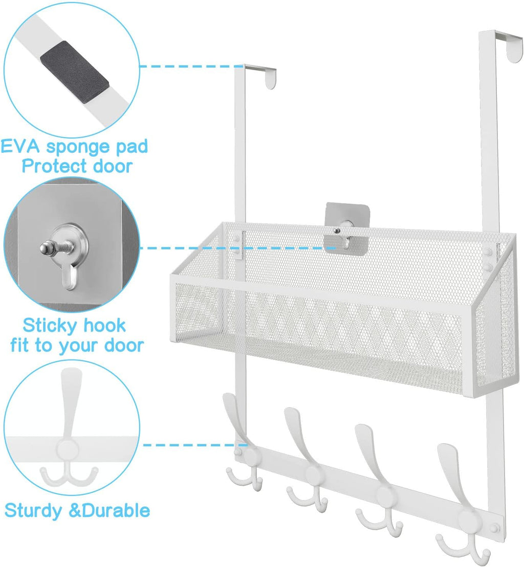 Kaiferty Over The Door Hooks Organizer, Coat Rack Over The Door Storage Hanger Towel Rack, Back of Door Storage Organizer for Bathroom,Bedroom,Kitchen,Office (White, 2-Tier)