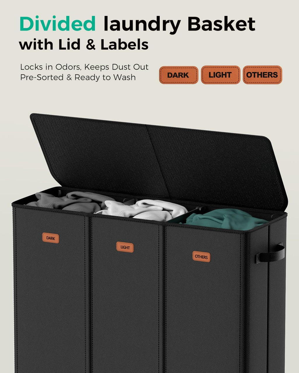 185L Laundry Hamper 3 Section with Lid & Removable Bags