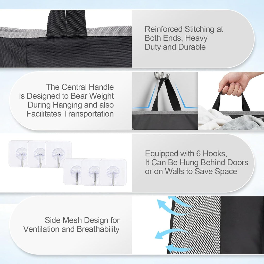 Hanging Laundry Hamper Bag, Extra Large Storage Space (30"x21"x4"), with 6 Hooks, Suitable for Dirty Clothes Storage, Wall Mounted and Door Mounted Laundry Basket