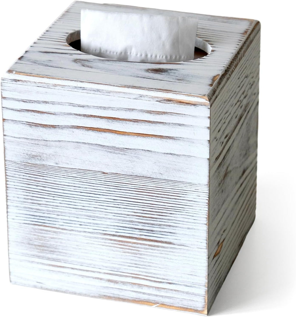 White Wood Tissue Box Cover, Square Wooden Tissue Box Holder for Bathroom