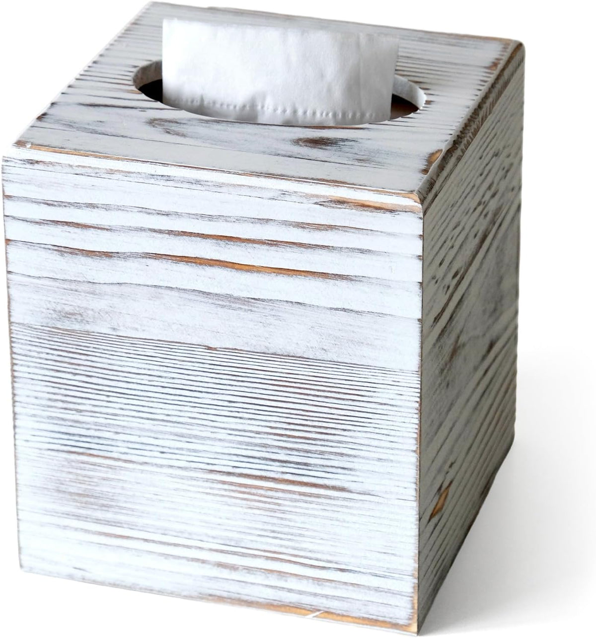 White Wood Tissue Box Cover, Square Wooden Tissue Box Holder for Bathroom
