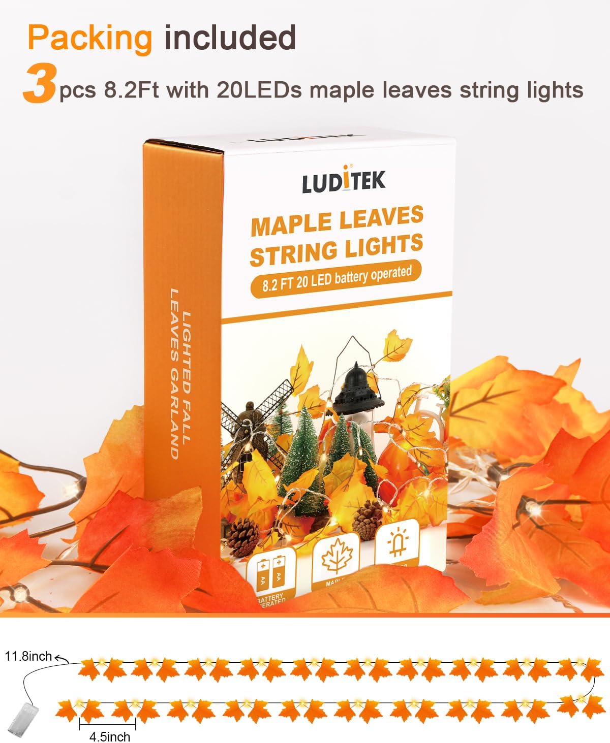 Luditek Fall Decor 3-Pack Fall Garland with Lights, Total 24.6ft 60LED