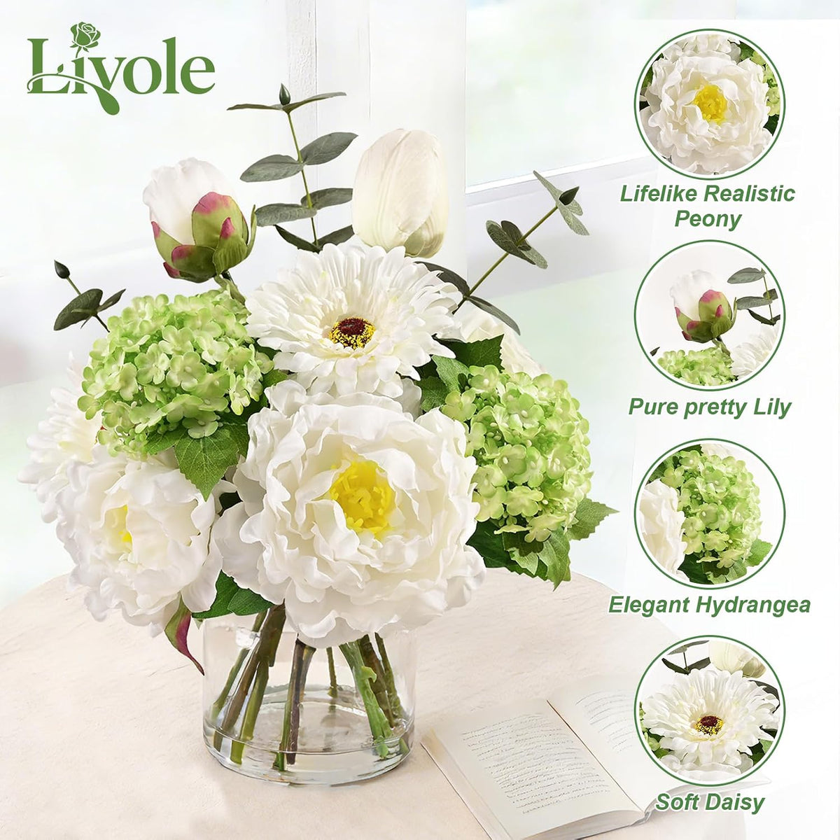 Livole Artificial Faux Flowers with Vase & Water Silk Fake Flowers, White