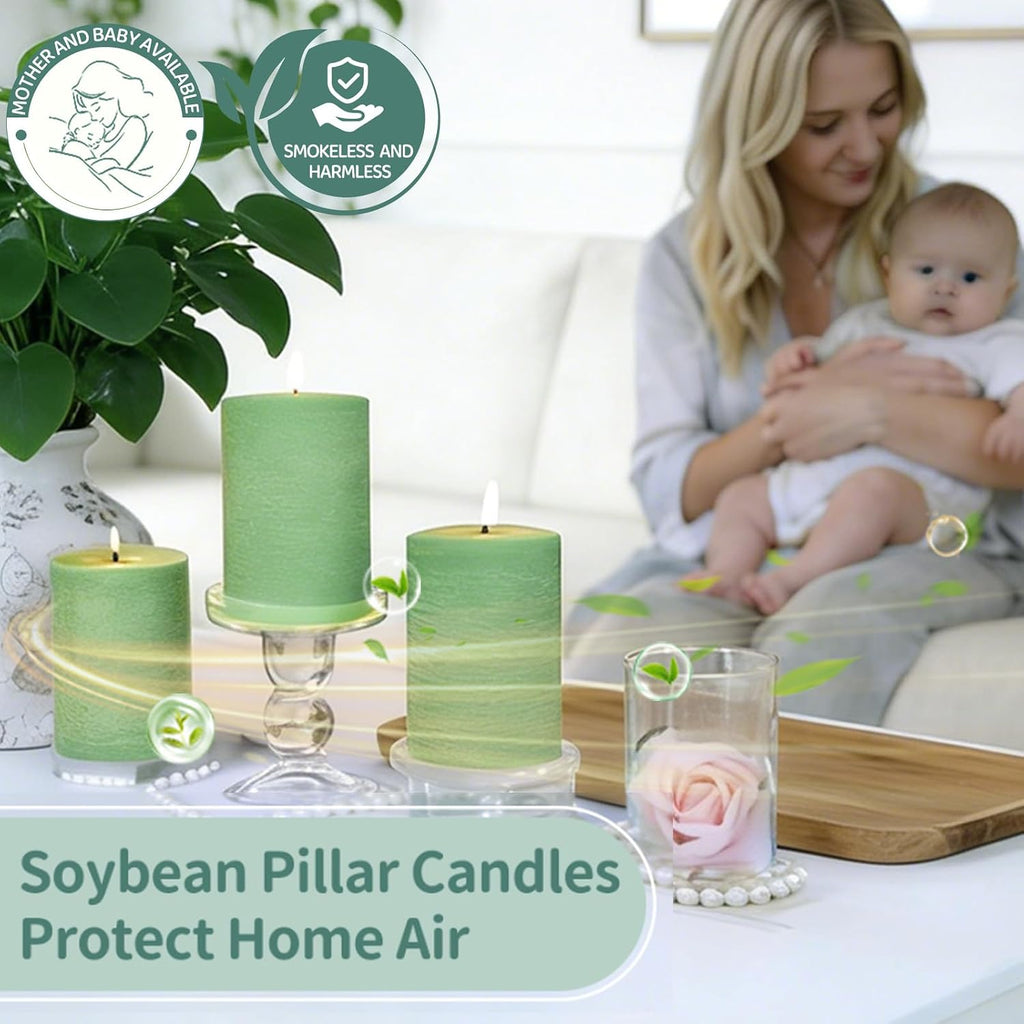 Sage Green Pillar Candles 6 Pack,2.8x4 Inch Unscented Soy Wax